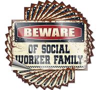 Lot de 10 autocollants amusants pour boîte à outils avec inscription « Beware of Social Worker Family » (12 x 18 cm)