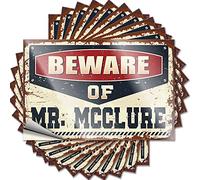 Lot de 10 autocollants amusants pour boîte à outils « Beware of Mr. Mcclure » - Accessoires de voiture - Panneau « No Stupid People » (12 x 18 cm)