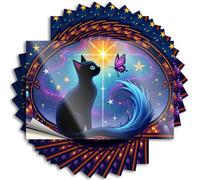 Lot de 10 autocollants amusants pour boîte à outils - Motif chat noir avec une queue bleue regarde un papillon violet contre une étoile - Pour fenêtre de voiture (12 x 18 cm)