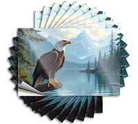 Lot de 10 autocollants amusants pour voiture avec aigle perché sur une bûche au bord d'un lac serein avec des montagnes en arrière-plan. Autocollants amusants pour adultes (6 x 9 cm)