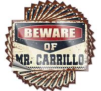 Lot de 10 autocollants amusants pour voiture avec inscription « Beware of Mr. Carrillo » (12 x 18 cm)