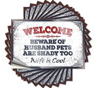 Lot de 10 autocollants amusants pour voiture avec inscription « Welcome Beware of Husband Pets are Shady Too Wife is Cool » - 8 x 12 cm