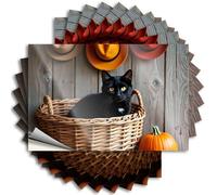 Lot de 10 autocollants amusants pour voiture Motif chat noir dans un panier avec décorations d'automne (6 x 9 cm)