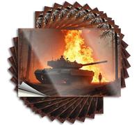 Lot de 10 autocollants amusants pour voiture, réservoir de guerre au milieu d'une forêt ardente, scène de bataille (6 x 9 cm)