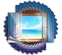 Lot de 10 autocollants amusants pour voiture, vue sereine sur la plage depuis une fenêtre ouverte. Autocollants décoratifs pour pare-chocs (6 x 9 cm)