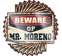 Lot de 10 autocollants amusants pour voitures avec inscription « Beware of Mr. Moreno » (12 x 18 cm)