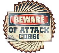 Lot de 10 autocollants amusants pour voitures « Beware of Attack » Corgi - Panneau sarcastique (6 x 9 cm)
