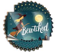 Lot de 10 autocollants amusants pour votre voiture « A Witch Flying on A Broom Under A Full Moon with The Word Bewitched » - 12 x 18 cm