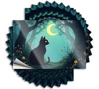 Lot de 10 autocollants amusants pour votre voiture Motif chat noir assis sous un croissant de lune dans une forêt (8 x 12 cm)