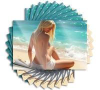 Lot de 10 autocollants de mécanicien avec inscription « A Woman in White Shorts Sits On The Beach with Waves Crashing Behind Her ». Autocollants décoratifs amusants pour pare-chocs (6 x 9 cm)