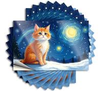 Lot de 10 autocollants de mécanicien - Chat orange moelleux assis sur une colline enneigée sous un ciel étoilé avec galaxies tourbillonnantes - 12 x 18 cm