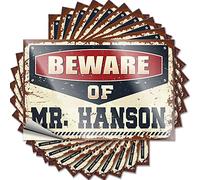 Lot de 10 autocollants de voiture amusants avec inscription « Beware of Mr. Hanson » pour homme (8 x 12 cm)