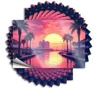 Lot de 10 autocollants de voiture pour homme Coucher de soleil sur le front de mer doublé de palmiers avec bateaux amarrés Autocollants 12 x 18 cm