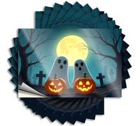 Lot de 10 autocollants et décalcomanies pour boîte à outils Deux fantômes et citrouilles devant une pleine lune - Autocollants d'avertissement de voiture pour fenêtre de voiture (6 x 9 cm)