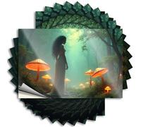 Lot de 10 autocollants et décalcomanies pour boîte à outils Une femme dans une robe fluide au milieu de champignons lumineux dans une forêt mystique Autocollants amusants pour adultes (6 x 9 cm)