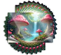 Lot de 10 autocollants et décalcomanies pour boîte à outils Une forêt magique avec des champignons géants, des papillons et une cascade. Autocollants d'avertissement pour fenêtre de voiture (8 x 12 cm