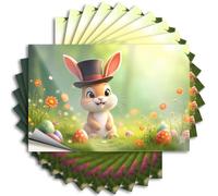 Lot de 10 autocollants et décalcomanies pour casque de sécurité Un lapin mignon portant un chapeau haut de forme assis dans un champ d'œufs de Pâques colorés et de fleurs. Autocollants pour voiture (8