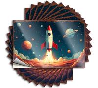 Lot de 10 autocollants et décalcomanies pour casque de sécurité Une fusée se lance dans l'espace avec des planètes qui l'entourent. Autocollants pour voitures (12 x 18 cm)