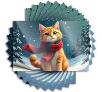 Lot de 10 autocollants inappropriés - Chat orange moelleux portant une écharpe rouge dans une forêt enneigée - Autocollants amusants pour décoration d'intérieur (12 x 18 cm)