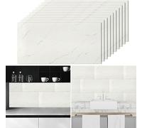 Lot de 10 autocollants pour carrelage mural marbré blanc - 60 x 30 cm - Film autocollant en vinyle pour carrelage mural aquatique - Panneaux muraux de cuisine - Décoration murale (blanc)