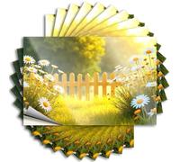 Lot de 10 autocollants pour voiture Fleurs jaunes fleurissent autour d'une clôture en bois dans un champ ensoleillé. Autocollants pour pare-chocs, décalcomanies et aimants pour voiture (8 x 12 cm)