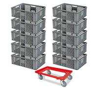Lot de 10 bacs Euro - L x l x h : 600 x 400 x 240 mm - Qualité alimentaire - Gris - Avec un rouleau de transport - Rouge