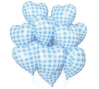 Lot de 10 ballons bleus à carreaux en forme de cœur - 45,7 cm - Ballons en aluminium en forme de cœur vichy pour fête prénatale de garçon, fête prénatale, pique-nique, ferme, fête sur le thème de