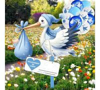 Lot de 10 ballons cigogne pour la naissance de bébé - 81 cm de haut - 10 ballons en bois mignons - Motif cigogne - Imprimé des deux côtés - Avec bâton en bois + plaque nominative - Carte de vœux