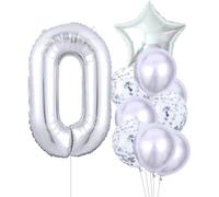 Lot de 10 ballons d'anniversaire argentés avec le chiffre 0, hauteur du chiffre 81 cm, taille de l'étoile 45 cm, latex