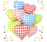 Lot de 10 ballons en aluminium à carreaux de couleur pastel, 45,7 cm, rose, bleu, rouge, vert, jaune, motif grille en forme de cœur, ballons vichy pour décoration rétro Y2K, anniversaire