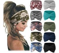 Lot de 10 bandeaux de yoga imprimés avec motif croisé - Large bandeau bohème pour femme - Bandeau torsadé - Taille unique