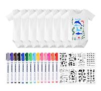 Lot de 10 bodies bébé manches courtes peinture baby shower peinture, bébé avec 8 bodies manches courtes + 14 stylos textiles colorés + 8 pochoirs pour jeux de fête baby shower barboteuses (8)