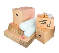 Lot de 10 boîtes en carton avec poignées 50 x 30 x 30 cm, 10 boîtes en carton avec poignées 43 x 30 x 25 cm, 10 boîtes 60 x 40 cm, 2 rouleaux bulles, 3 rubans d'emballage
