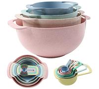 Lot de 10 bols gigognes en plastique coloré sans BPA, comprenant 2 bols à mélanger, 1 passoire, 1 tamis et 6 tasses à mesurer avec poignées pour salade, collation, fruits, cuisson