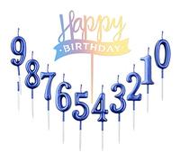 Lot de 10 bougies à chiffre 0 à 9 ans + 1 lettre de joyeux anniversaire à paillettes décoration de gâteau numéro de bougies numériques pour fête d'anniversaire, mariage (bleu)