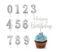 Lot de 10 bougies d'anniversaire en forme de chiffre de 0 à 9 - En argent - Pour gâteau - Avec décoration de gâteau Happy Birthday - Pour anniversaire, mariage, fête