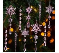 Lot de 10 boules de Noël à suspendre pour sapin de Noël - Flocon de neige en cristal acrylique avec cordes - Fournitures de fête d'intérieur (rose)