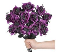 Lot de 10 bouquets floraux d'Halloween avec roses et araignées pour créer une fête de style gothique et des décorations d'intérieur (violet)