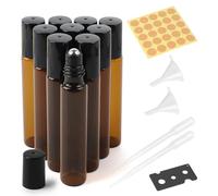 Lot de 10 bouteilles en verre roll-on vides 10 ml pour huile essentielle, avec rouleau inoxydable, entonnoir, ouvre-bouteille, étiquettes et pipettes