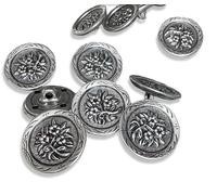 Lot de 10 boutons de costume traditionnel - Couleur argent vieilli - Motif fleur - En métal - Avec œillet - 18 mm ou 20 mm (18 mm)