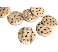 Lot de 10 boutons en bois d'olivier avec 2 trous avec étoiles en bois d'olivier véritable et grain partiellement visible (14 mm).