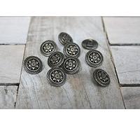 Lot de 10 boutons en métal - 15 mm - En forme d'edelweiss et de gentiane - Argenté brillant ou laiton vieilli