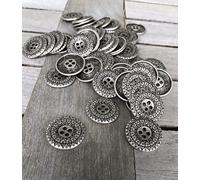 Lot de 10 boutons plats en métal argenté vieilli 4 trous 15 mm, 18 mm ou 25 mm (10 pièces) (25 mm)