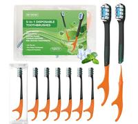 Lot de 10 brosses à dents jetables avec dentifrice + médiator + fil dentaire + gratte-langue 5 en 1 Mini brosse à dents de voyage précollée pour hôtel, camping, avion, voiture, usage unique, portable