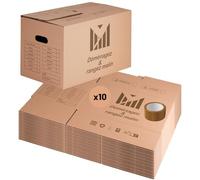 Lot de 10 Cartons Déménagement 50x30x30 cm, 41L, Poignées Renforcées, Carton Ondulé Recy vec Adhésif 68m
