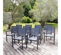 Happy Garden Lot de 10 chaises empilables aluminium anthracite textilène gris