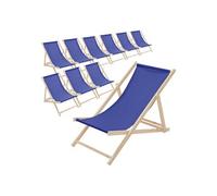 ECD Germany Lot de 10 Chaises Longues Pliantes en Bois Chiliennes, Bleu Foncé, Dossier Réglable, 3 Positions de Couchage, jusqu'à 120kg, Bain de Soleil en Tissu pour la Plage Jardin Terrasse Camping