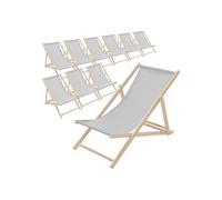 ECD Germany Lot de 10 Chaises Longues Pliantes en Bois Chiliennes, Gris Clair, Dossier Réglable, 3 Positions de Couchage, jusqu'à 120kg, Bain de Soleil en Tissu pour la Plage Jardin Terrasse Camping