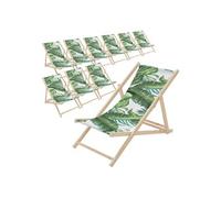 ECD Germany Lot de 10 Chaises Longues Pliantes en Bois Chiliennes, Motif Tropical, Vert-Blanc, Dossier Réglable, 3 Positions de Couchage, jusqu'à 120 kg, Bain de Soleil en Tissu, Plage ou Jardin