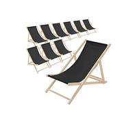 ECD Germany Lot de 10 Chaises Longues Pliantes en Bois Chiliennes, Noir, Dossier Réglable, 3 Positions de Couchage, jusqu'à 120kg, Bain de Soleil en Tissu pour la Plage Jardin Terrasse Camping